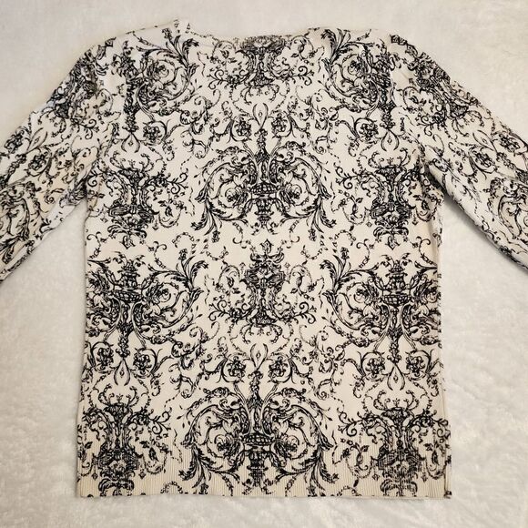 Talbots Womens 3/4 Sleeve Scoop Neck Black and White Floral Print Sweater Size S - Picture 2 of 8